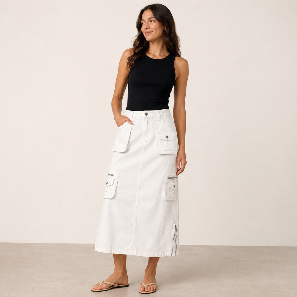 Cache Cache Size 36 White Cargo Maxi Skirt Y2K Utility Pockets Stretch
